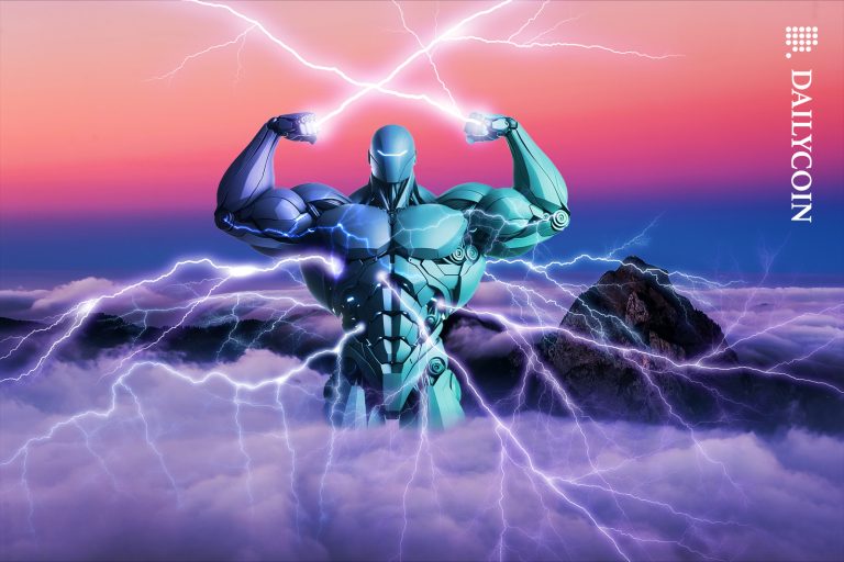 ETH ETFs Smash Records in Q3, Beating Bitcoin as TradFi Embraces Crypto Giant futuristic robot gethering energy as it's flexing its muscles above the clouds.