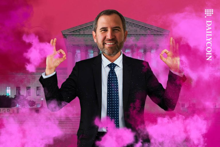 Ripple CEO Brad Garlinghouse looking very happy with a courthouse in the background and pink clouds.