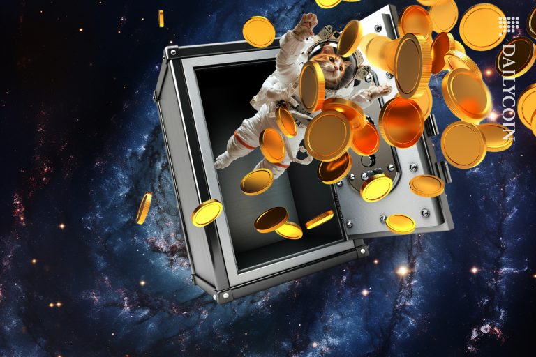 Cat astronaut trying to catch the coins released into space from the vault.