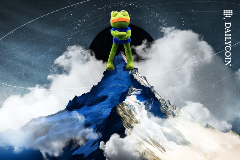 Pepe the frog looking confident, Standing arms crossed on top of a huge mountain peak.