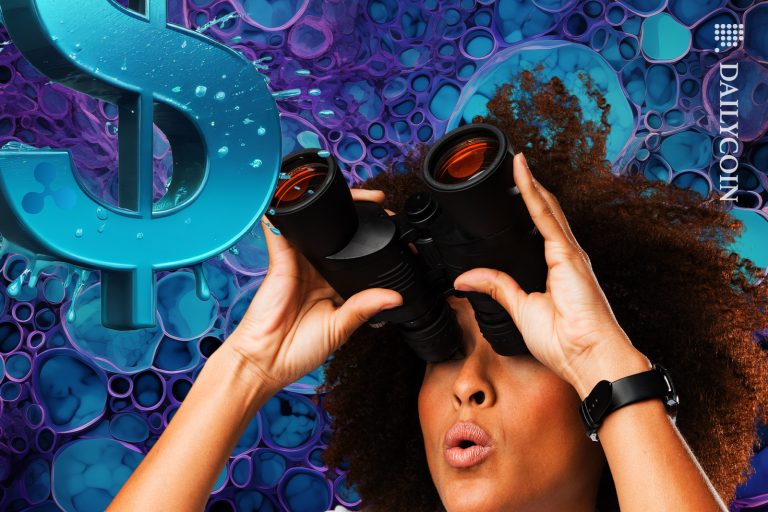 Lady looking closely at the Ripple dollar surrounded by cells.