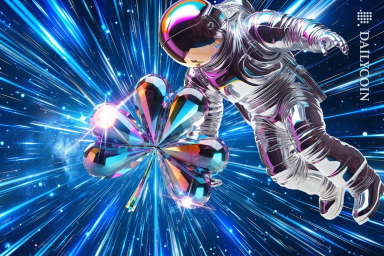 Astronaut seeing a digital lucky magical gem.