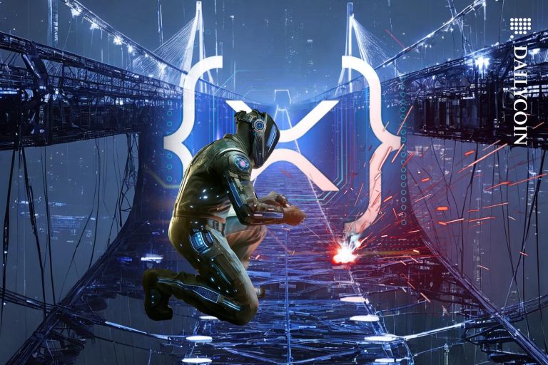 Futuristic maintenance man welding a digital bridge.