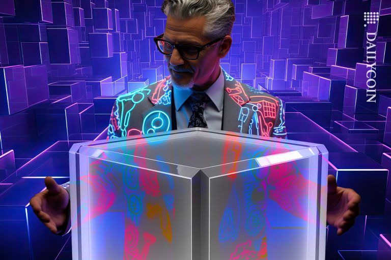 Man wearing a playful blazer holding a digital block.