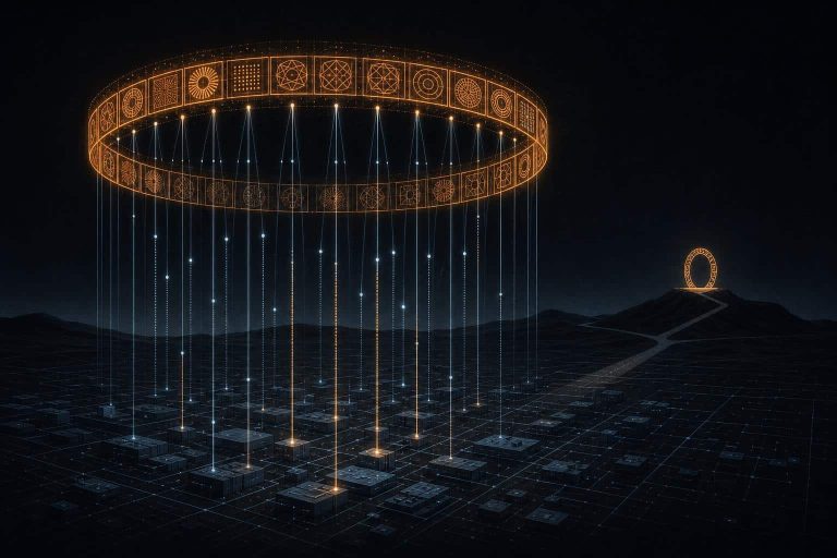 Editorial illustration of light beams from a grid of blocks being checked against a glowing amber ring of seals, representing Ethereum verifying offchain computation with cryptographic proofs