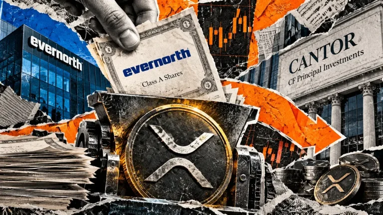 Editorial collage of a hand feeding an Evernorth share certificate into an XRP-marked machine, beside Cantor signage and trading charts.