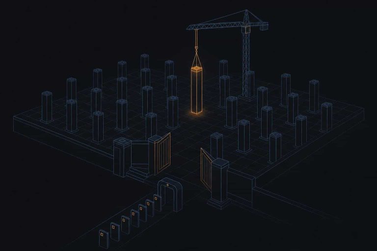 Editorial illustration of a geometric trading floor with one amber-accented pillar being lowered into place among blue-outlined pillars